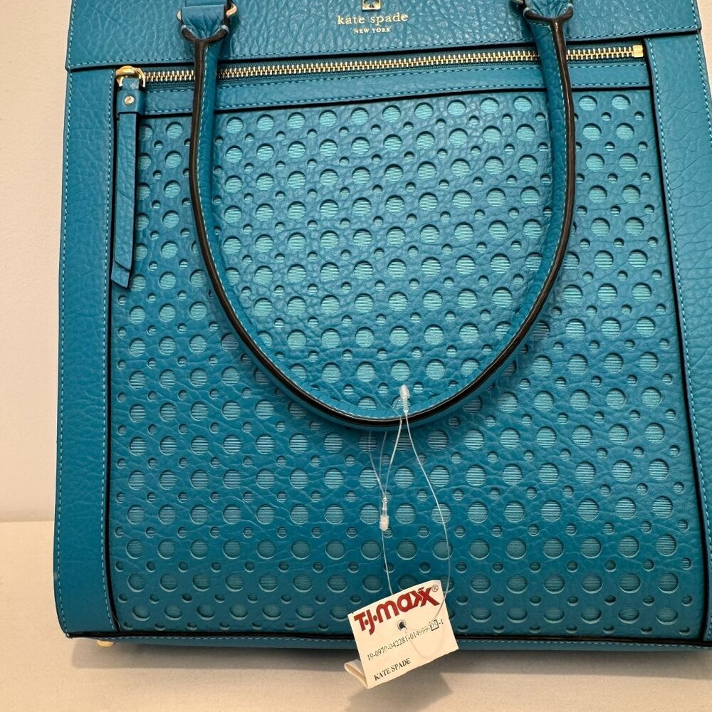 NWT Kate Spade Teal Perforated Leather Tote Bag With Zip Closure & Dual Handles - Picture 7 of 16
